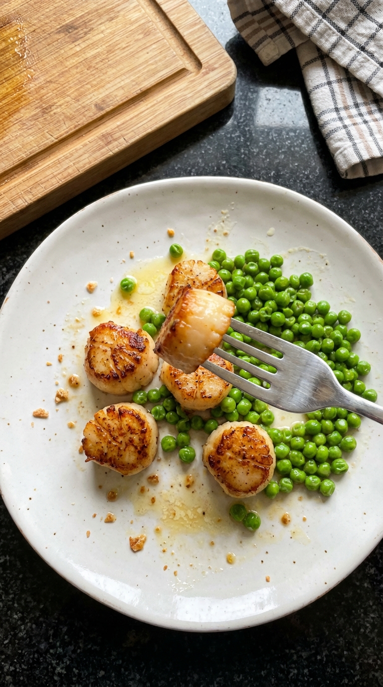 In Der Pfanne Gebratene Jakobsmuscheln mit Erbsen