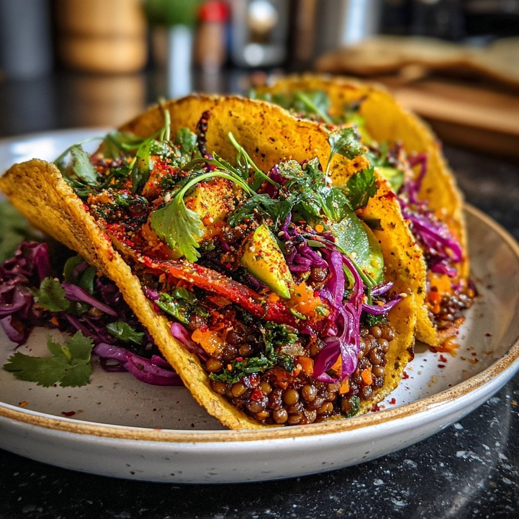 Geräucherte Paprika Linsen Tacos Krautsalat