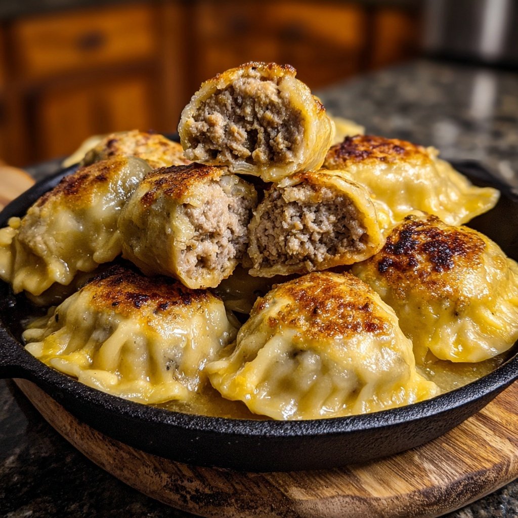 Pierogi und Fleischball Pfanne cremig