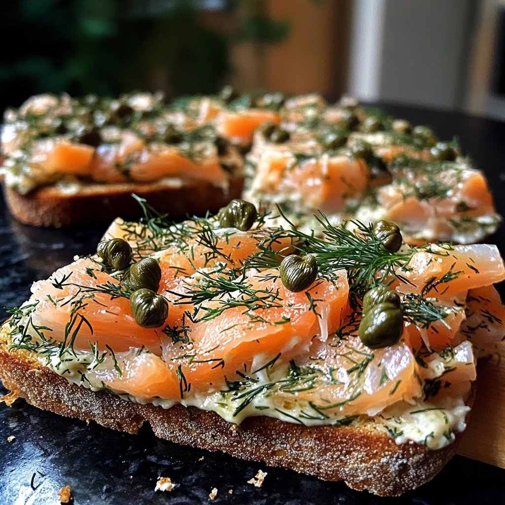 Weihnachtskranz aus geräuchertem Lachs-Bruschetta