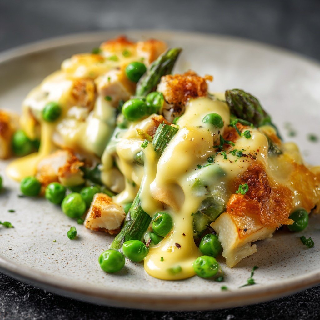 Raclette mit Hähnchenwürfeln, Spargel, Erbsen und Sauce Hollandaise​